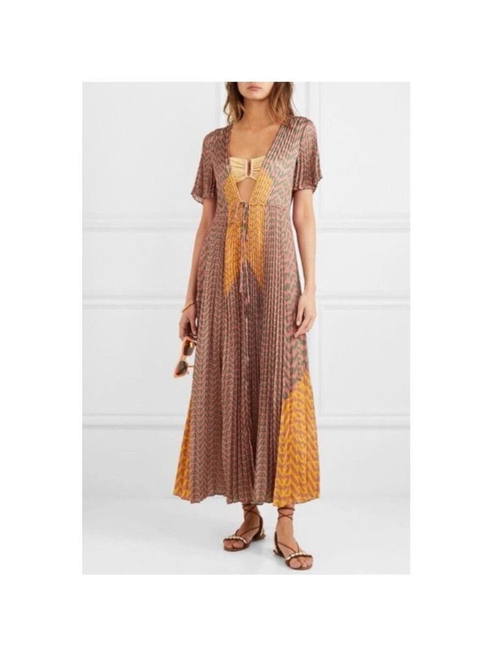 Women's Self-Portrait Maxi Dress M Pink Orange Geometric Pleated